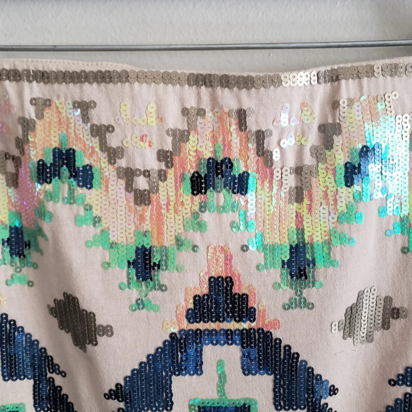 Express Mini Skirt Women's XS Tan Multi Sequins Aztec Boho Print Lined - Picture 3 of 7